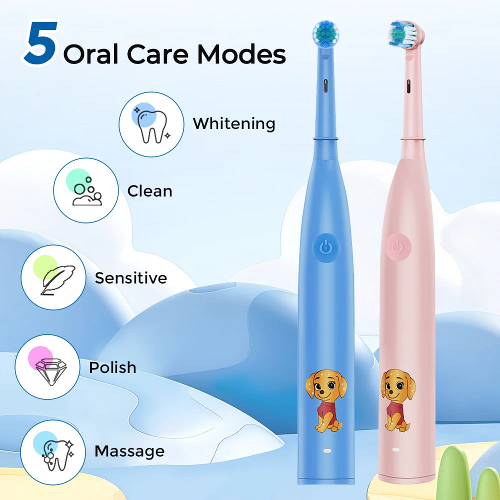 Children's Rotating Electric Toothbrush with 4 Brush Heads 5 Cleaning Modes Cartoon Sonic Electric Toothbrush Teeth Care